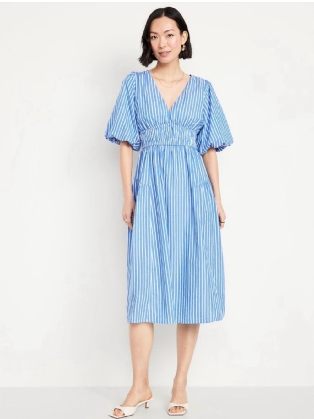 Old Navy Blue and White Striped Smocked-Waist Midi Dress